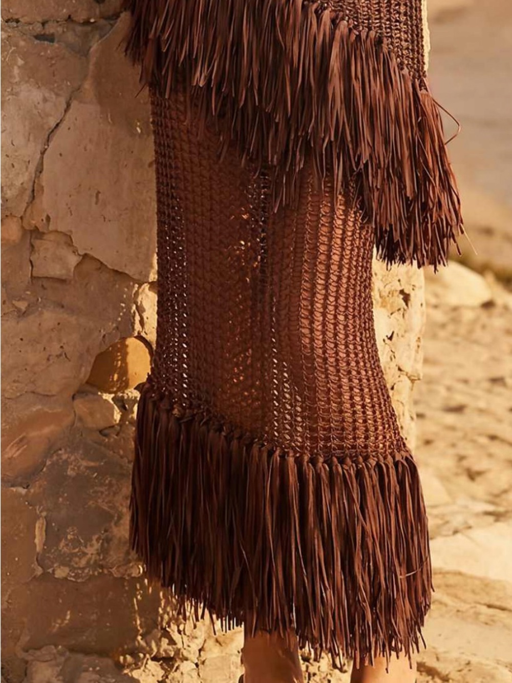 ASOS DESIGN fringed hem open stitch skirt in chocolate